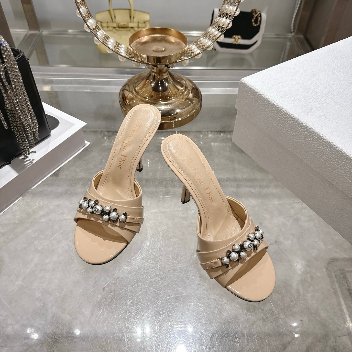 CD 26 High-Heeled Mules 85mm Pearl Beige Patent Leather 592250