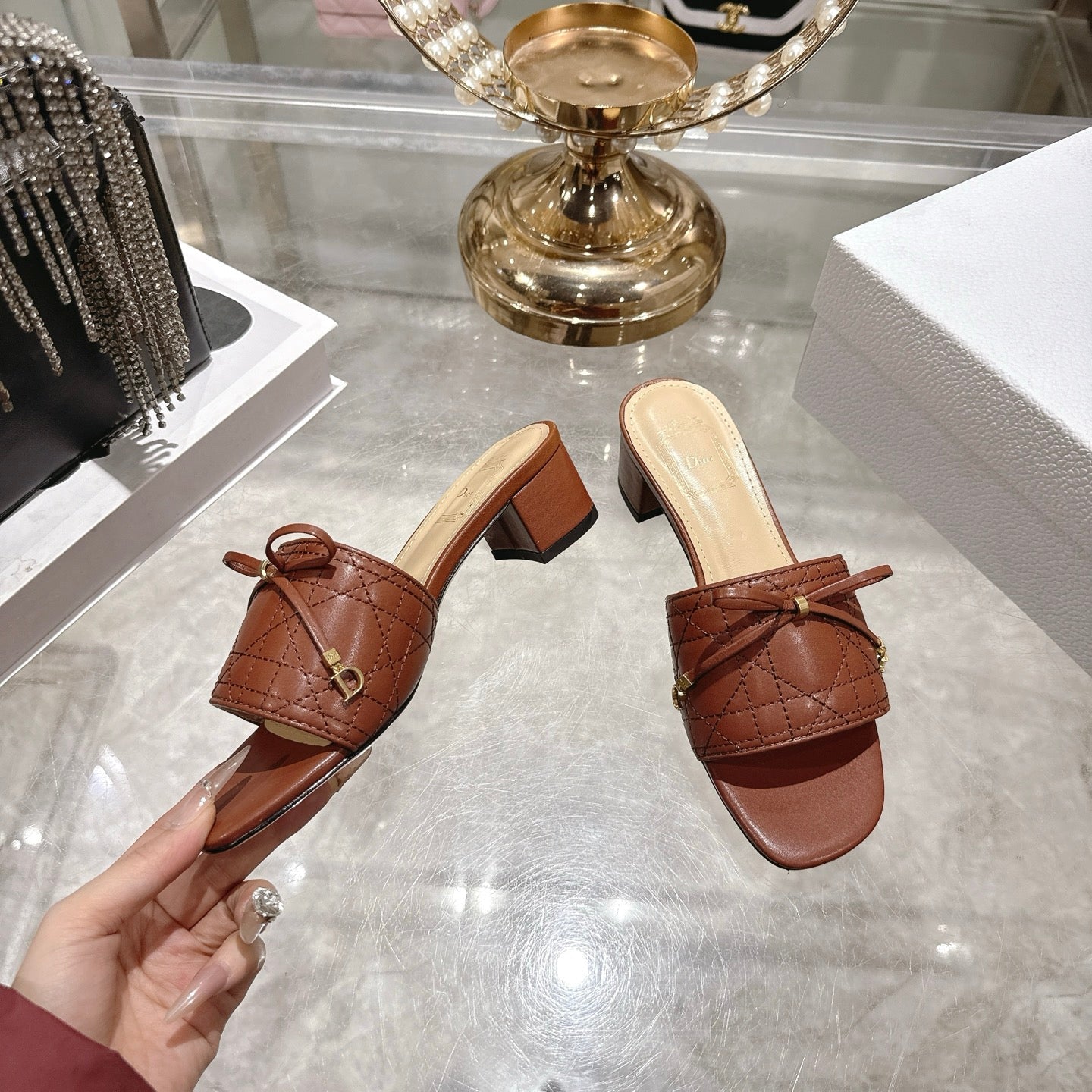 CD 26 Embroidered Slippers Brown Beige  Sheepskin 679667