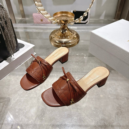 CD 26 Embroidered Slippers Brown Beige  Sheepskin 679667