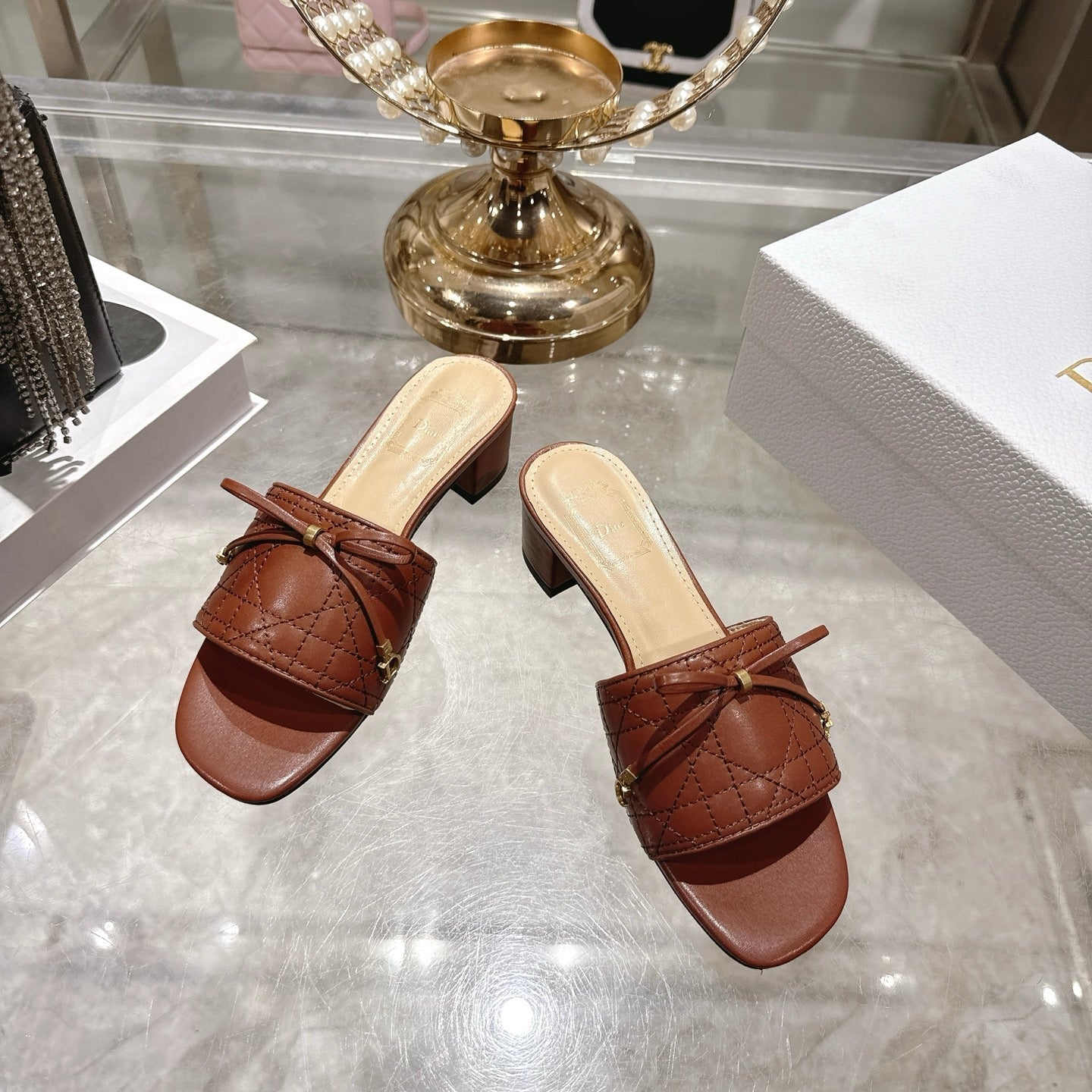 CD 26 Embroidered Slippers Brown Beige  Sheepskin 679667