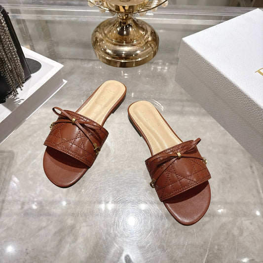 CD 26 Embroidered Slippers Brown Beige  Sheepskin 679667
