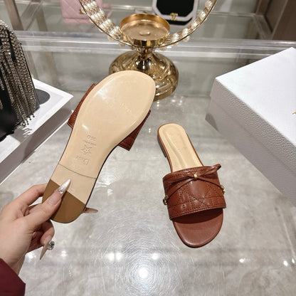 CD 26 Embroidered Slippers Brown Beige  Sheepskin 679667