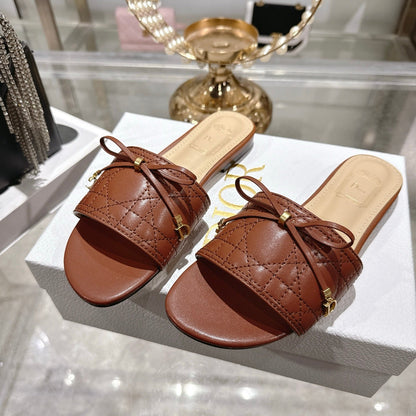 CD 26 Embroidered Slippers Brown Beige  Sheepskin 679667