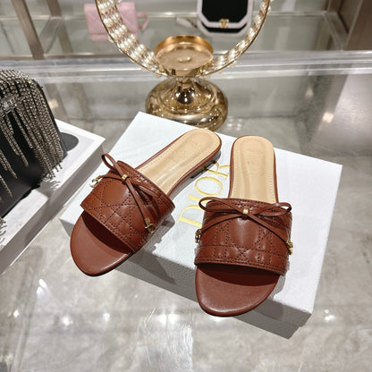 CD 26 Embroidered Slippers Brown Beige  Sheepskin 679667