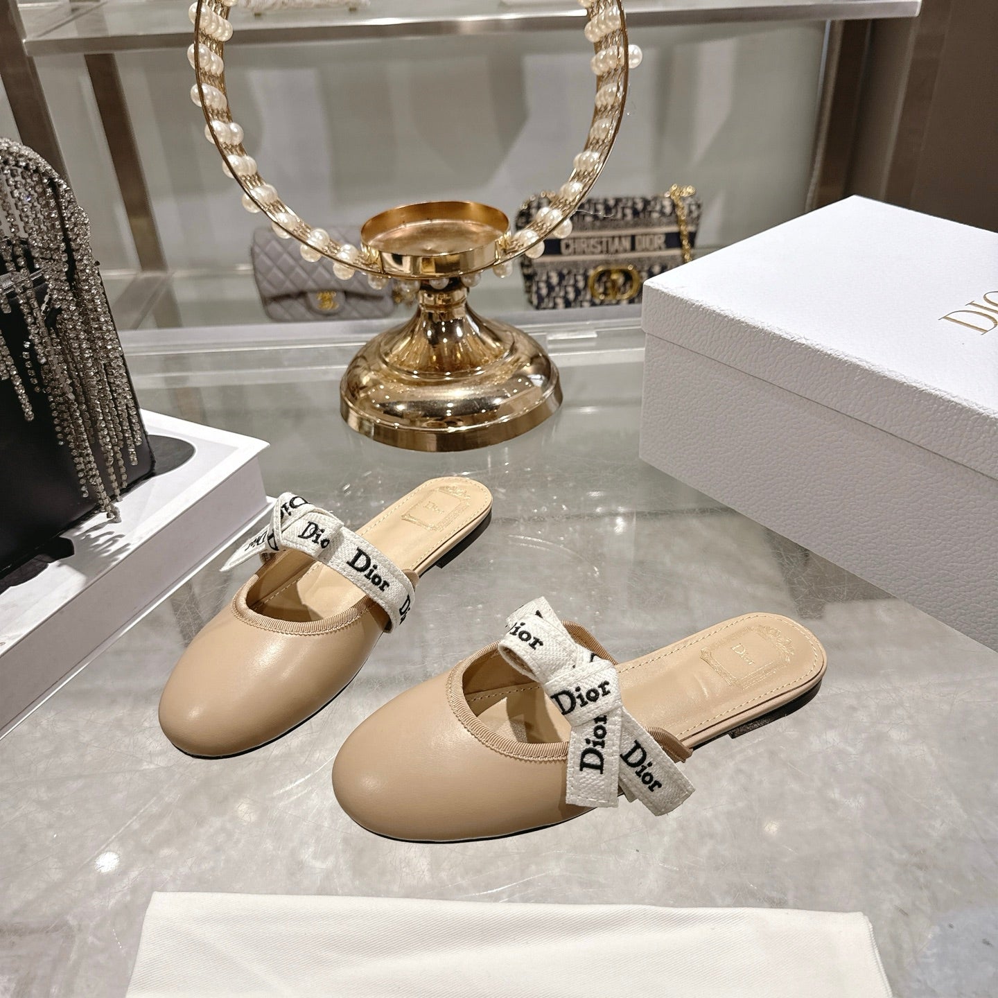 CD 26 Bow Flat Mules Embroidered Sheepskin