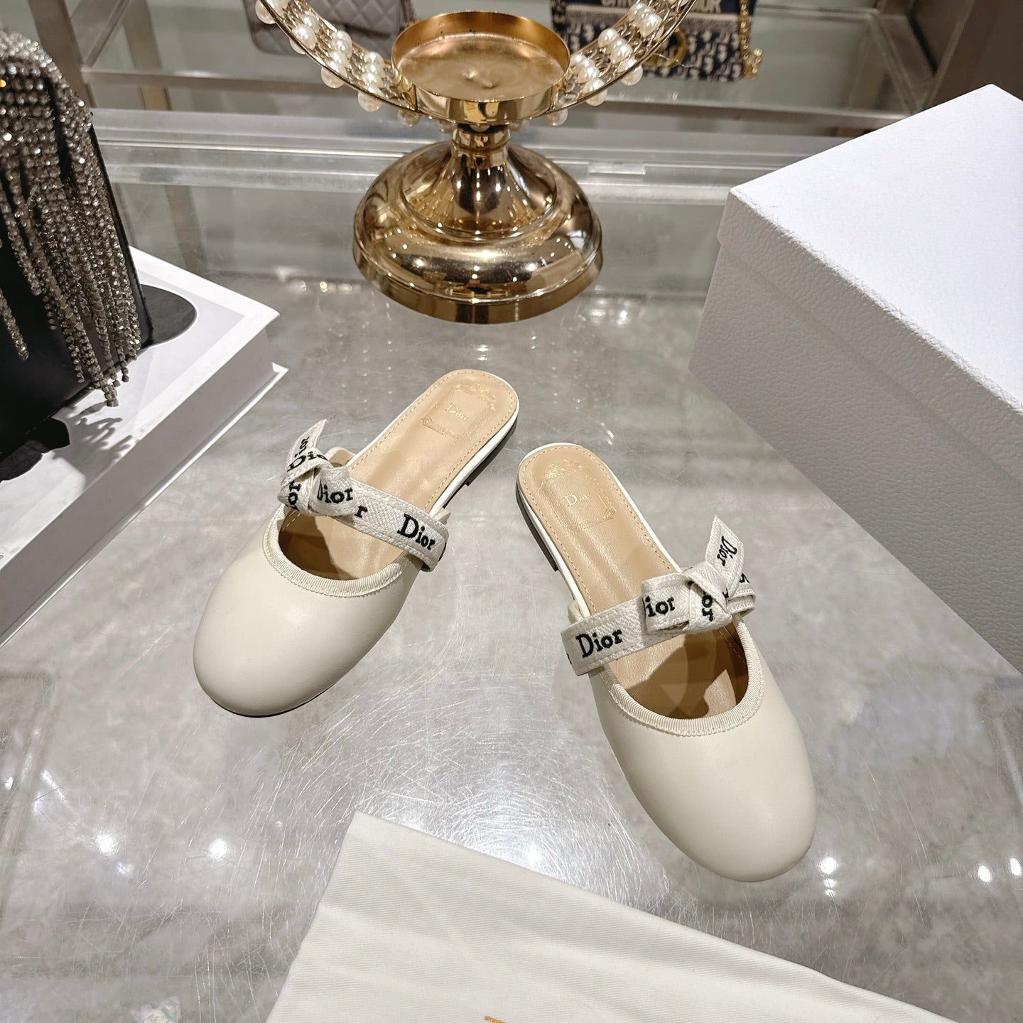CD 26 Bow Flat Mules Embroidered Sheepskin