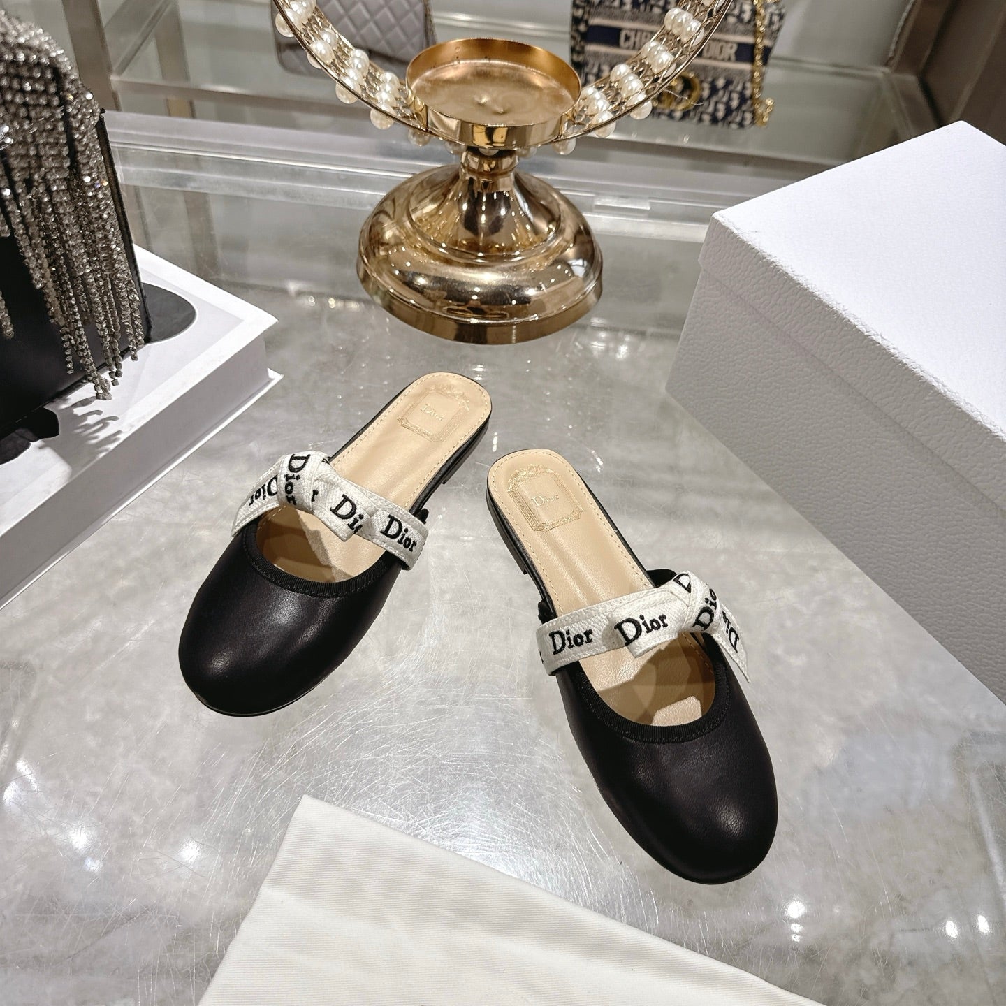 CD 26 Bow Flat Mules Embroidered Sheepskin