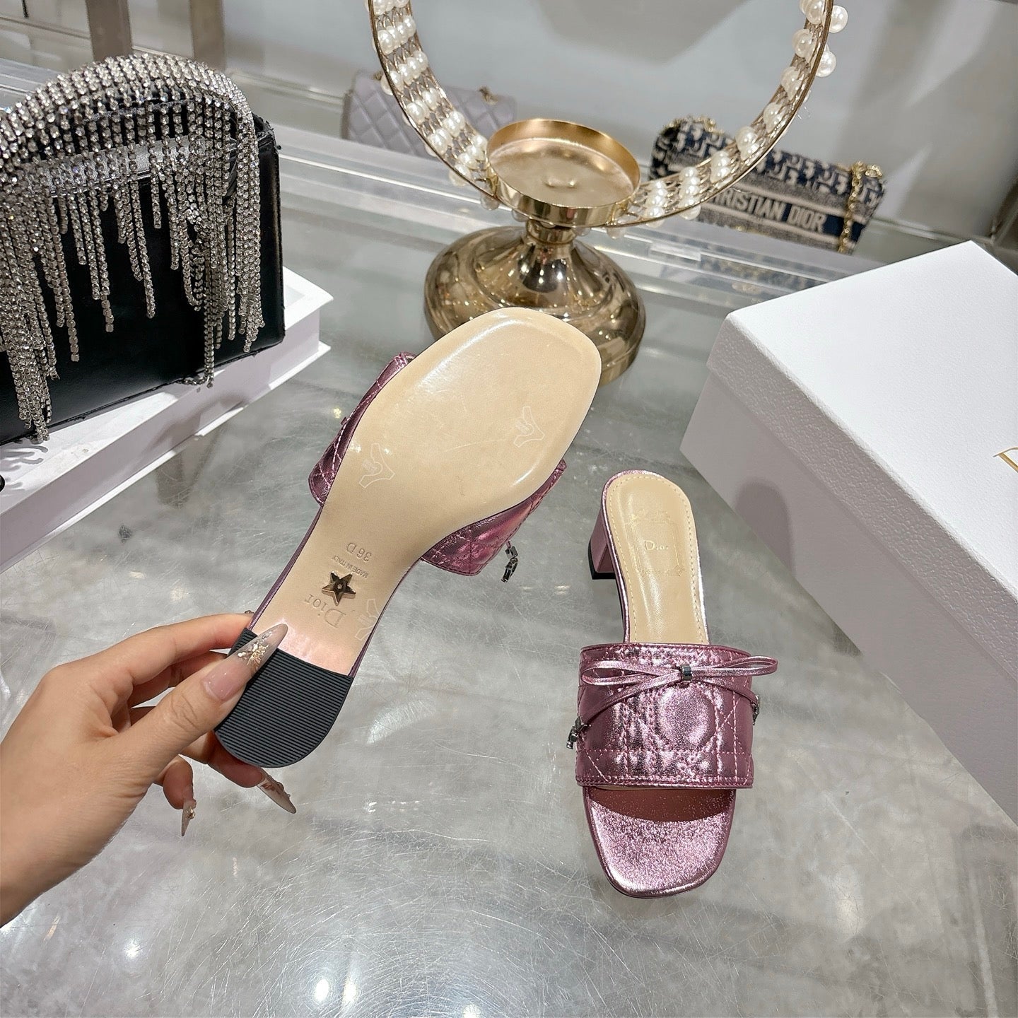 CD 26s Slippers Metallic Pink Beige Calfskin 679868