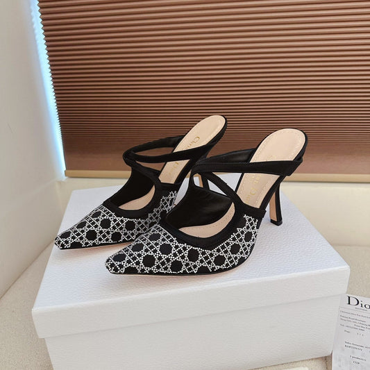 CD 26 High Heel Mule 95 Black Beige Mesh Fabric Sheepskin 614895