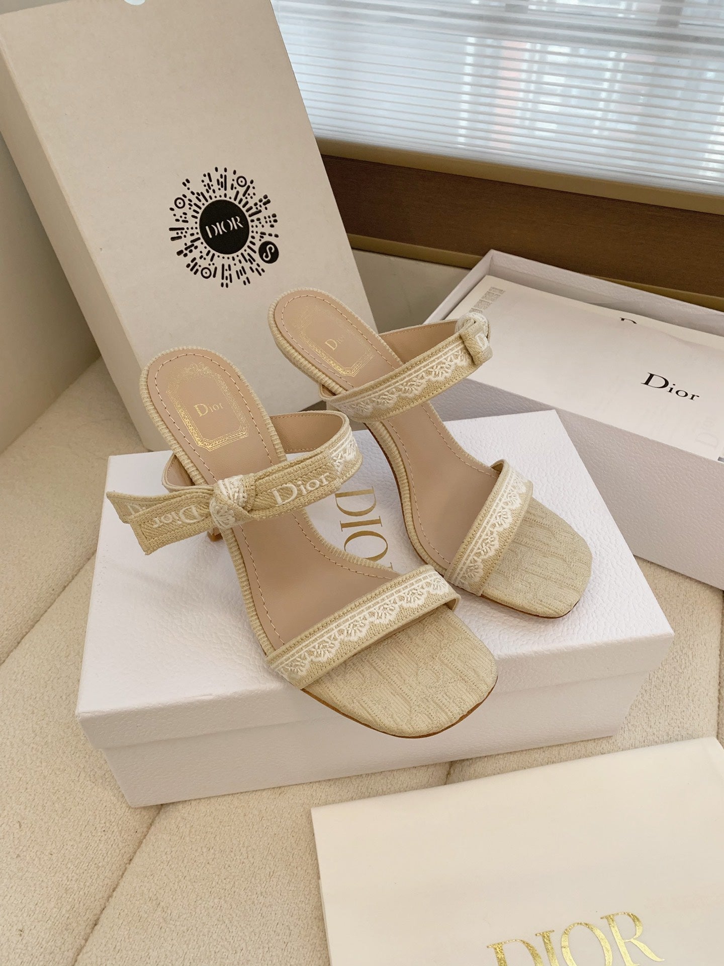 CD 26s High Heel Sandal 100 Beige Canvas Sheepskin  664179