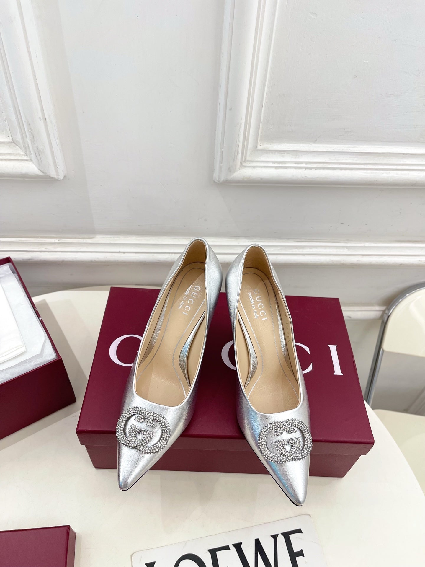 GG 26 High-Heeled 85 Pumps Sliver Metallic Cowhide 587079
