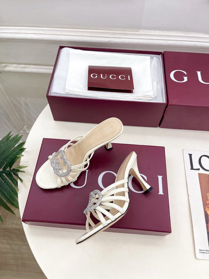 GG 26 High-Heeled Mules 85 White Beige Leather 587084