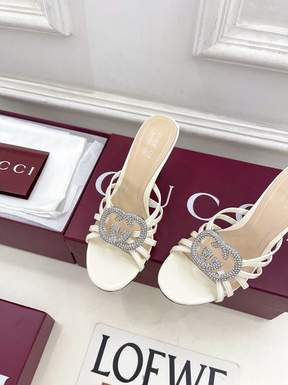 GG 26 High-Heeled Mules 85 White Beige Leather 587084