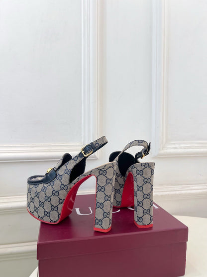 GG 26SS Platform Sandals 130 Gray Blue Monogram Fabric Sheepskin 640266