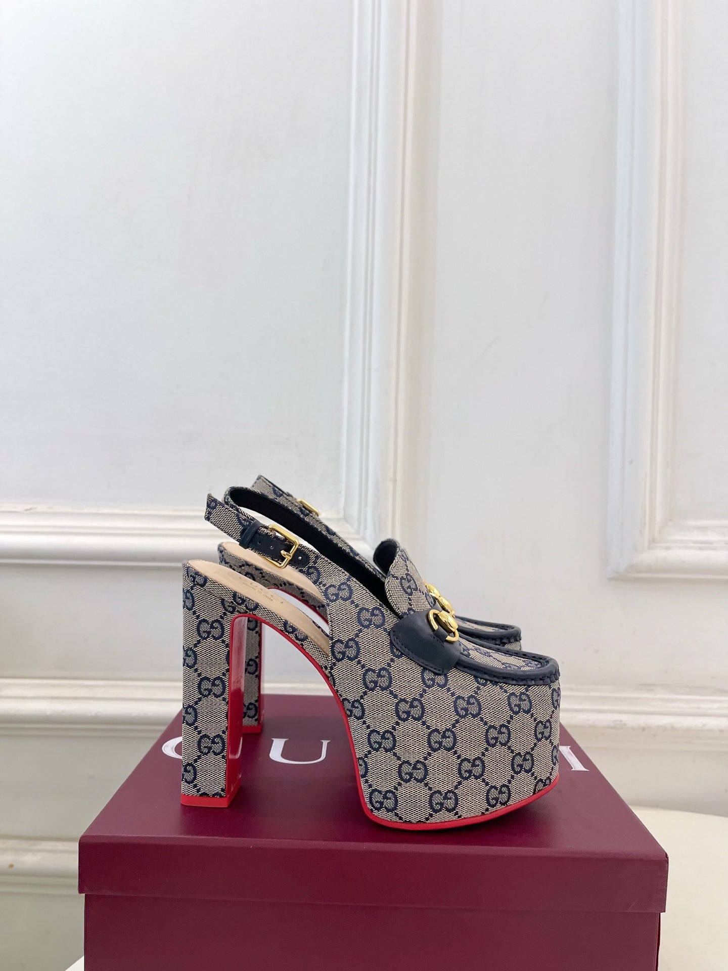 GG 26SS Platform Sandals 130 Gray Blue Monogram Fabric Sheepskin 640266