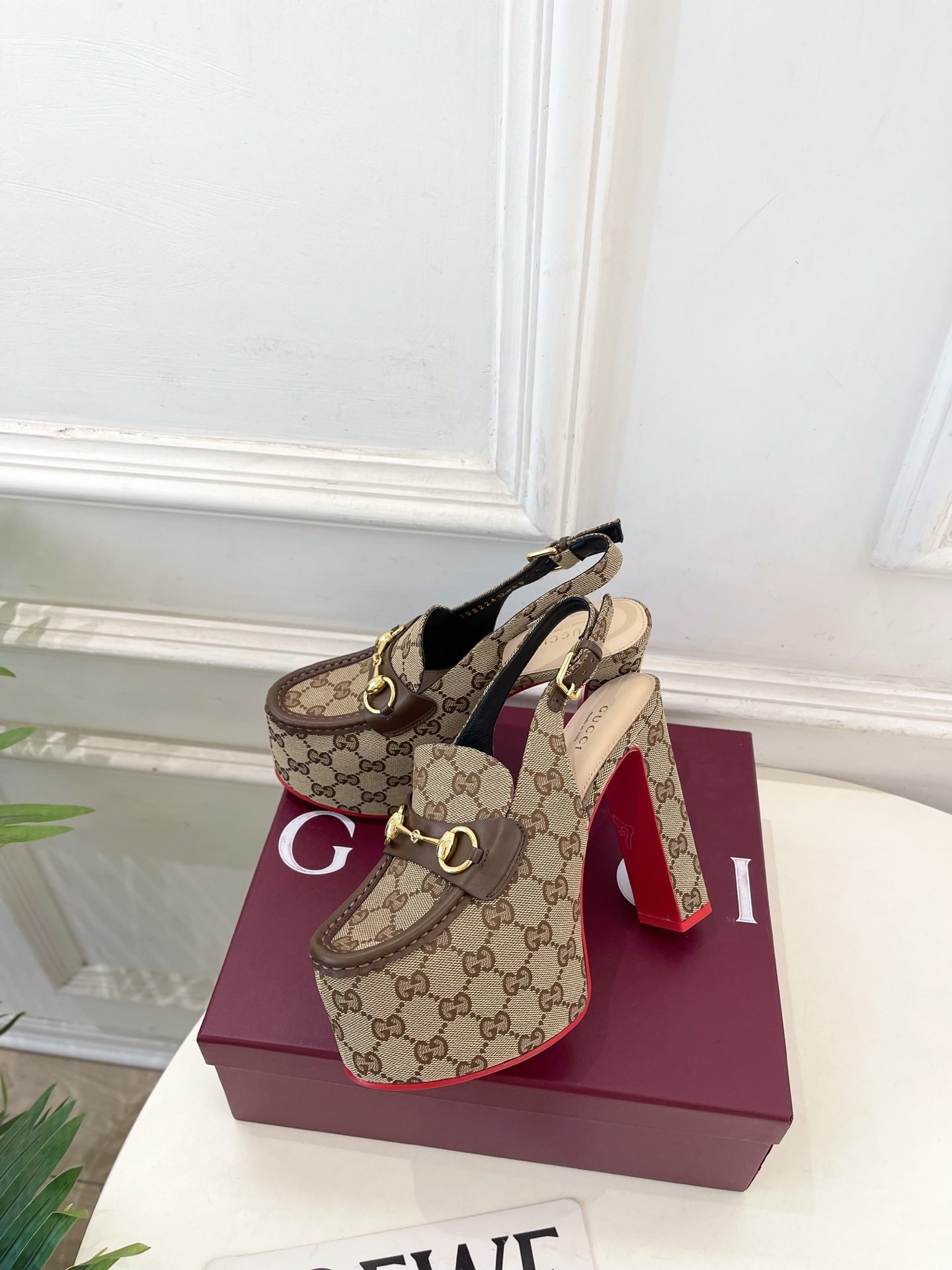 GG 26SS Platform Sandals 130 Beige Brown Monogram Fabric Sheepskin 640267