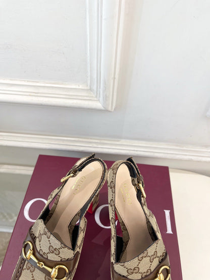 GG 26SS Platform Sandals 130 Beige Brown Monogram Fabric Sheepskin 640267