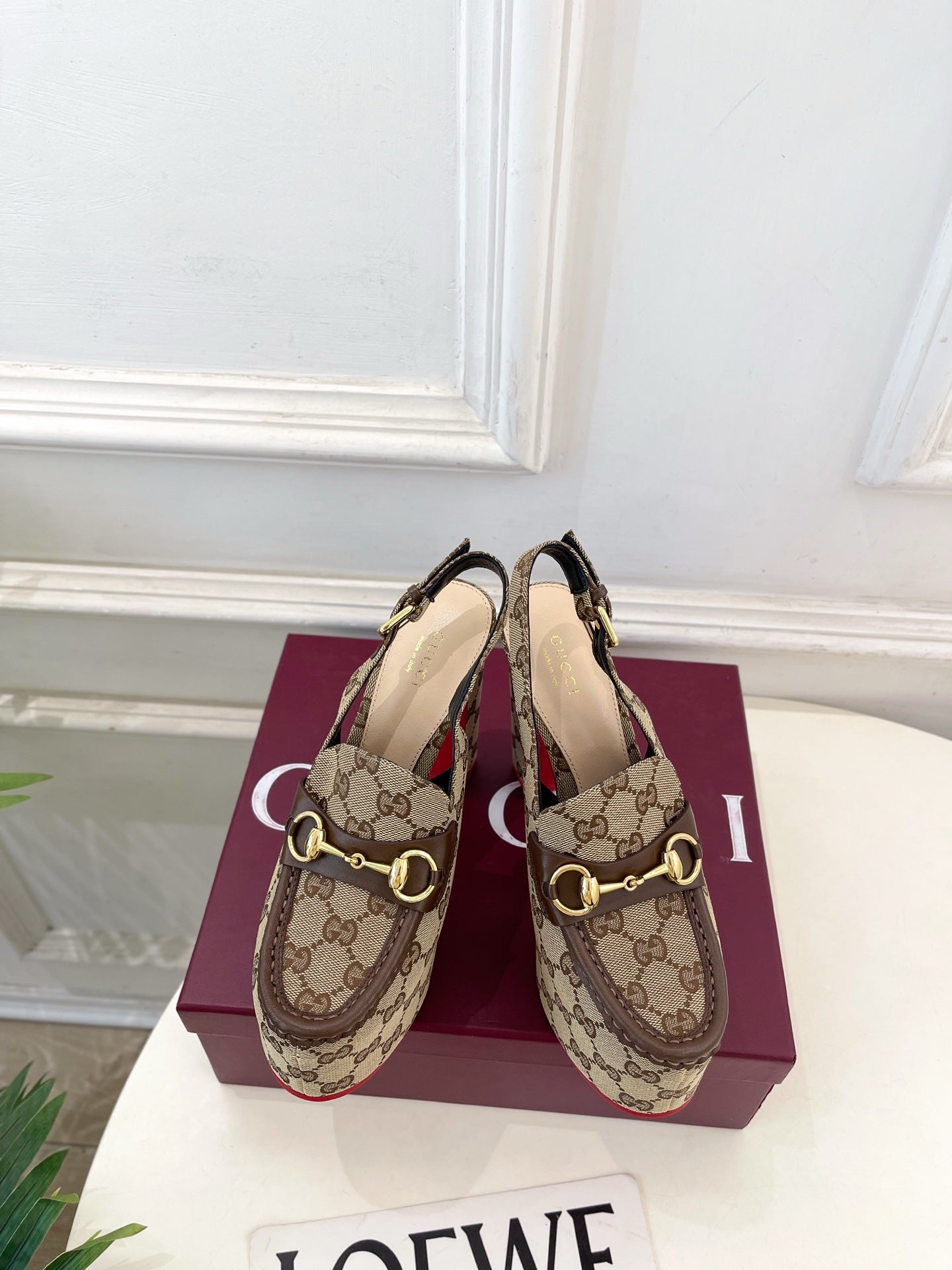 GG 26SS Platform Sandals 130 Beige Brown Monogram Fabric Sheepskin 640267