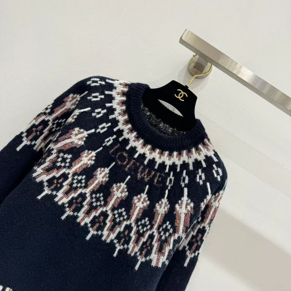 Loewe 2025 Sequin-embellished Fair Isle Wool-blend Navy Blue Sweater