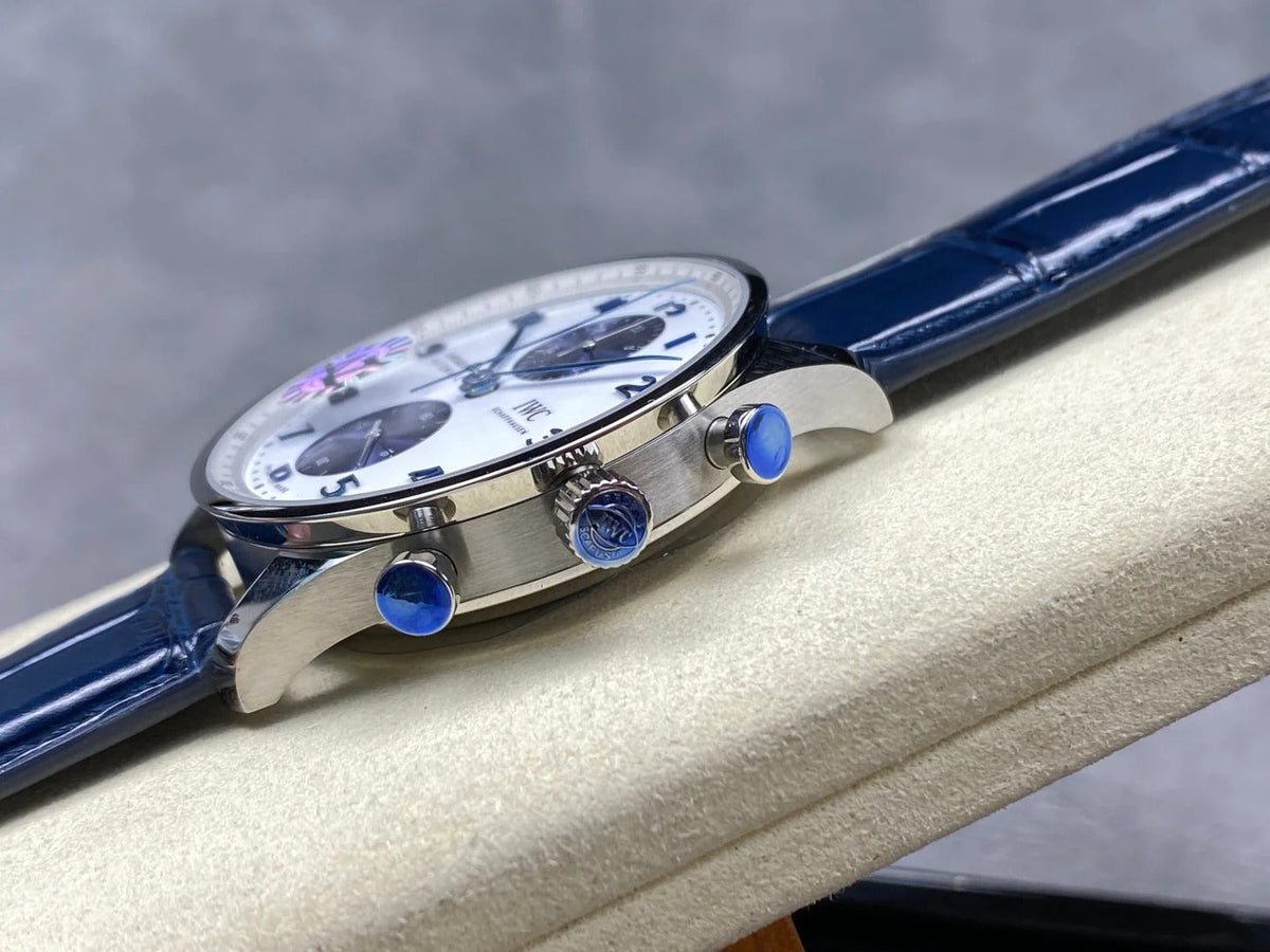 IWC Portuguese 41mm White Blue Dial Steel Case Navy Blue Crocodile Leather