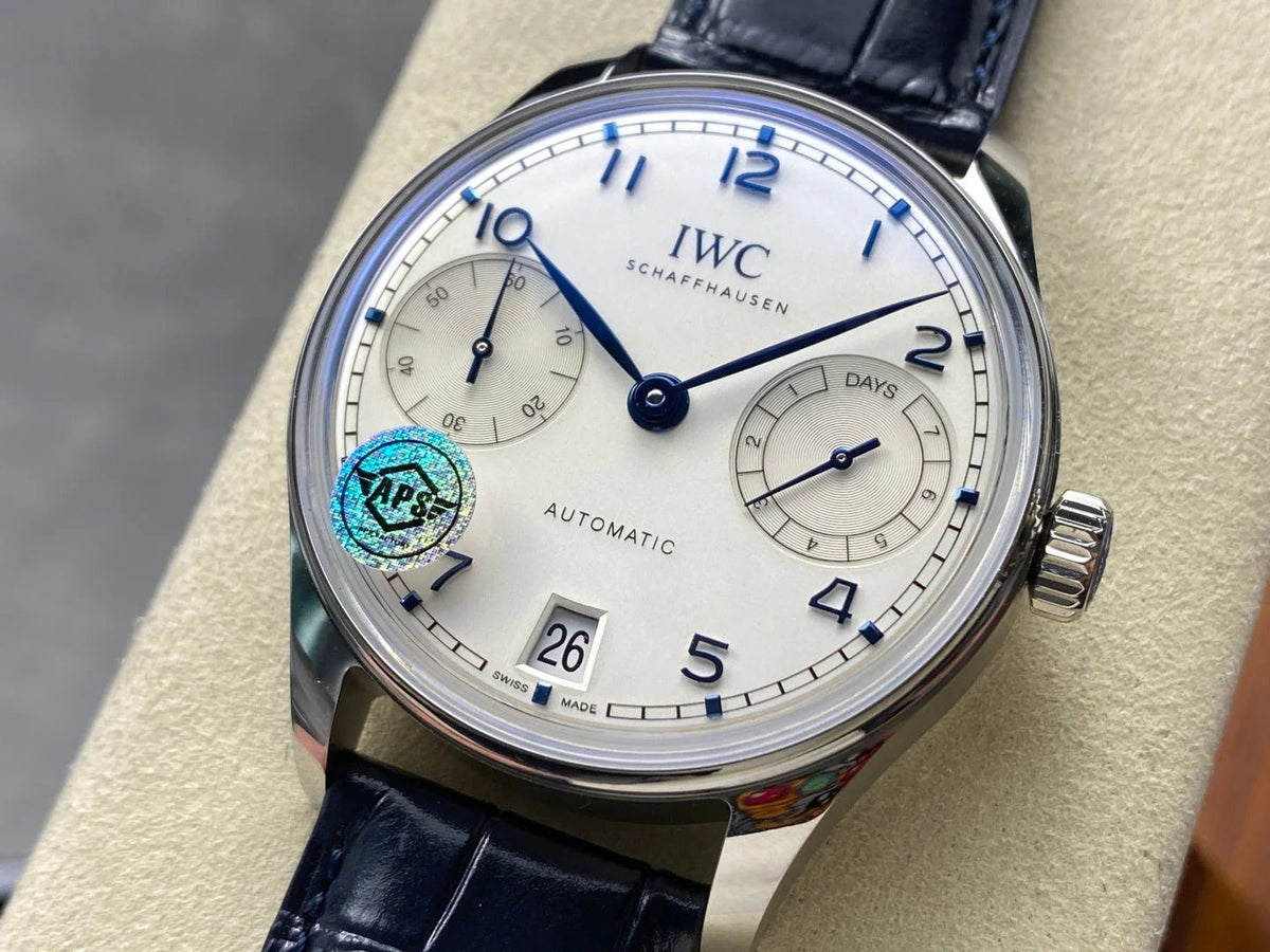 IWC Portuguese 42.4mm Cream Dial Steel Case Navy Blue Crocodile Leather Strap