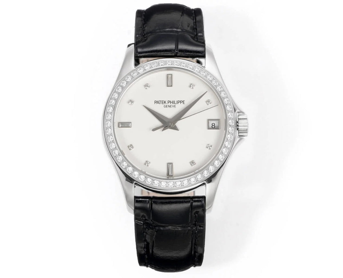Patek Philippe Calatrava 37mm White Dial Black Leather Strap Watch