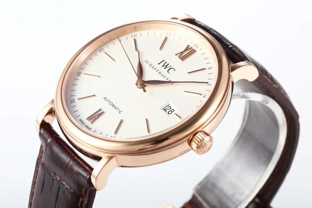 IWC Portofino 40mm White Dial Pink Gold Case Brown Crocodile Leather