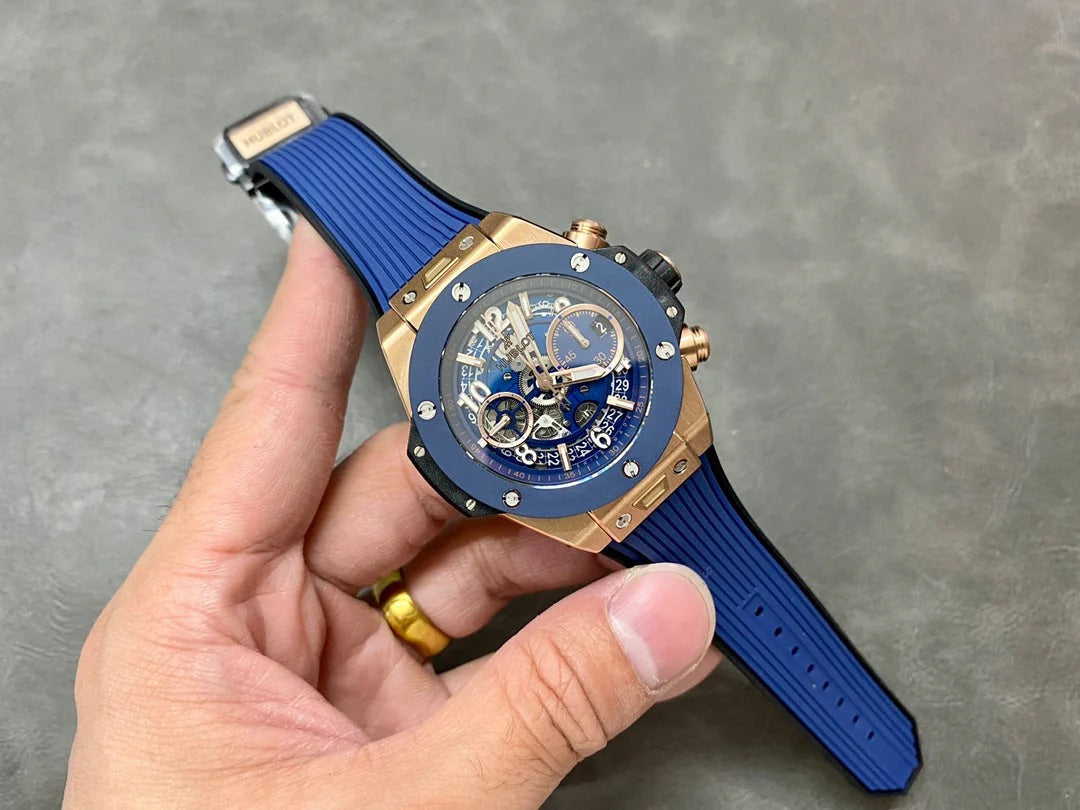 Hublot Big Bang Unico Rose Gold 42mm Watch with Blue Ceramic Bezel