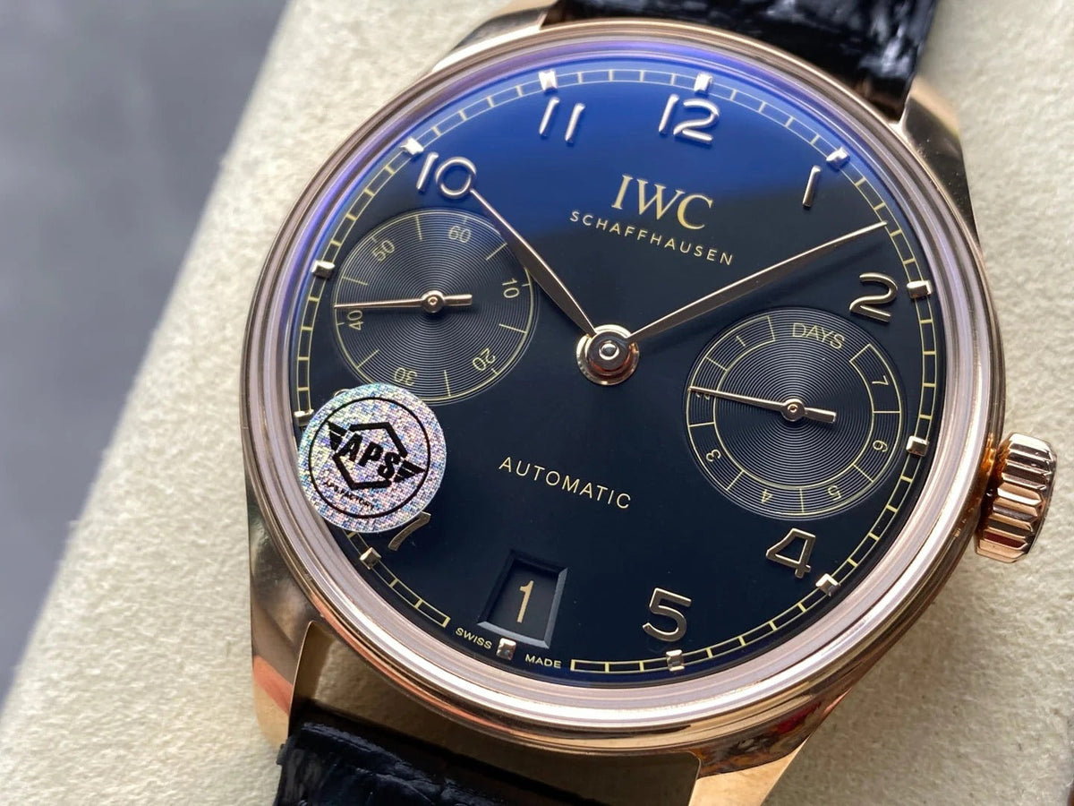 IWC Portuguese 42.4mm Black Dial Pink Gold Case Crocodile Leather