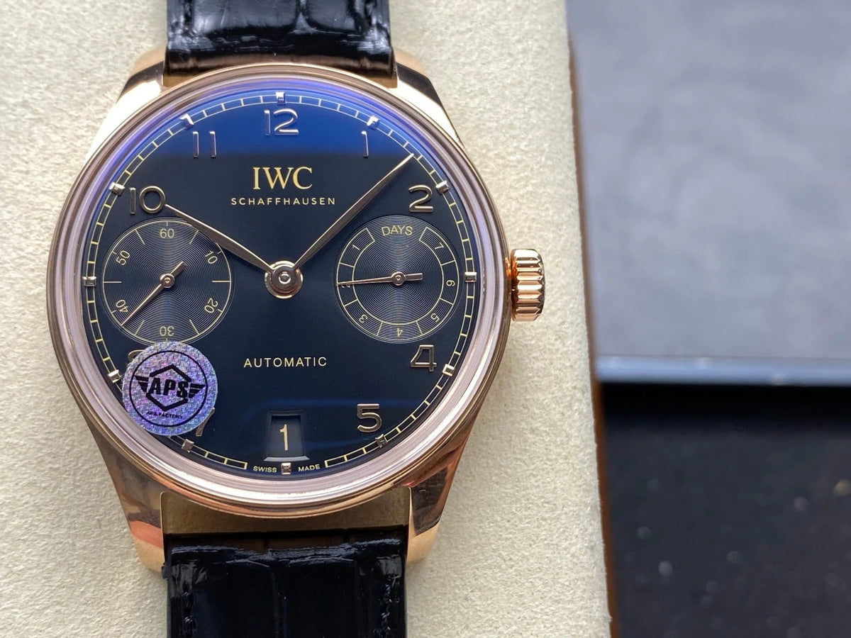 IWC Portuguese 42.4mm Black Dial Pink Gold Case Crocodile Leather