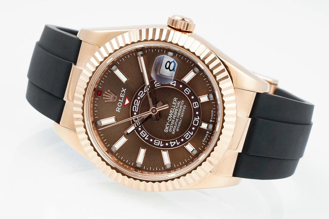 Rolex Sky-Dweller 42mm Rose Gold Case Brown Dial Rubber Strap