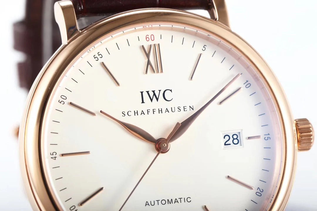 IWC Portofino 40mm White Dial Pink Gold Case Brown Crocodile Leather