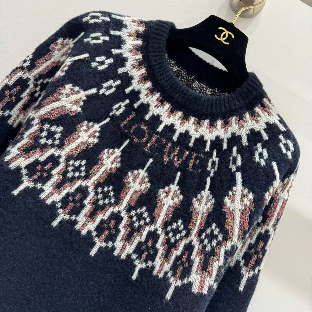 Loewe 2025 Sequin-embellished Fair Isle Wool-blend Navy Blue Sweater